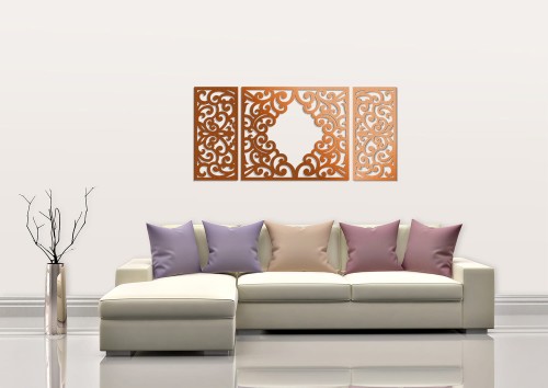 AŻUROWY TRYPTYK DEKORACYJNY, CLEMENTINE,  DEKORACJA ŚCIENNA 3D, WŁOSKI STYL, ORNAMENT,75 x 160 cm, MIEDZIANY