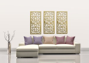 DEKORACYJNE PANELE AŻUROWE, ZESTAW 3 DEKORÓW,  LOTOS STYLE, DEKORACJA ŚCIENNA 3D, 90 x 126 cm, ZŁOTY