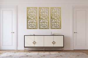 DEKORACYJNE PANELE AŻUROWE, ZESTAW 3 DEKORÓW,  LOTOS STYLE, DEKORACJA ŚCIENNA 3D, 90 x 126 cm, ZŁOTY