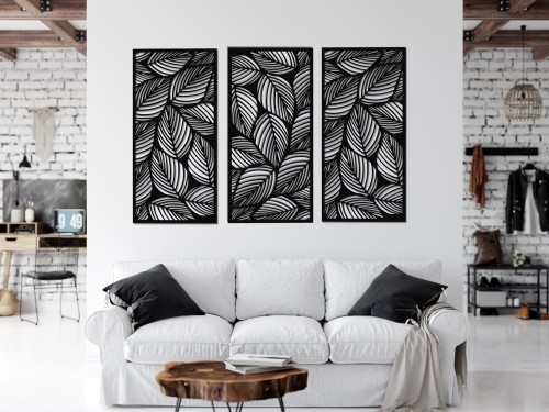 DEKORACYJNE PANELE AŻUROWE, ZESTAW 3 DEKORÓW,  LIŚCIE,  DEKORACJA ŚCIENNA 3D,100 x 150 cm, CZARNY 