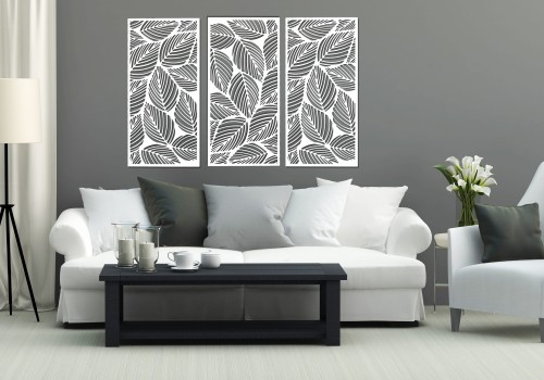 DEKORACYJNE PANELE AŻUROWE, ZESTAW 3 DEKORÓW,  LIŚCIE,  DEKORACJA ŚCIENNA 3D,100 x 150 cm,BIAŁY