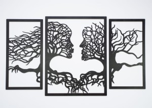 DEKORACYJNY TRYPTYK AŻUROWY, TWARZE, DRZEWO, DEKORACJA ŚCIENNA 3D, ORNAMENT, 70 x 120 cm, CZARNY