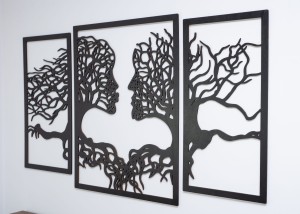 DEKORACYJNY TRYPTYK AŻUROWY, TWARZE, DRZEWO, DEKORACJA ŚCIENNA 3D, ORNAMENT, 70 x 120 cm, CZARNY