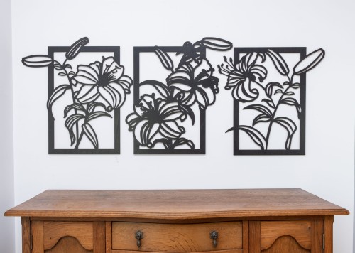 DEKORACYJNY TRYPTYK AŻUROWY, KWIATY, LILIE,  DEKORACJA ŚCIENNA 3D, ORNAMENT, 60 x 160 cm, CZARNY