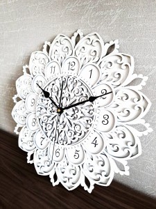 DEKORACYJNY,  DREWNIANY, AŻUROWY ZEGAR ŚCIENNY, MANDALA, WIELOWARSTWOWY, GLAMOUR, VINTAGE, SHABBY CHIC, BIAŁY
