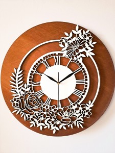 KWIATOWY, DREWNIANY ZEGAR AŻUROWY, VINTAGE, PIĘKNA DEKORACJA ŚCIANY, BEJCA CZEREŚNIA 