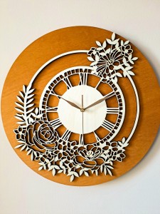KWIATOWY, DREWNIANY ZEGAR AŻUROWY, VINTAGE, PIĘKNA DEKORACJA ŚCIANY, BEJCA BUK