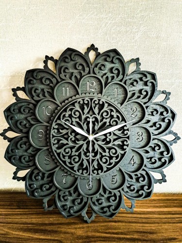 DEKORACYJNY,  DREWNIANY, AŻUROWY ZEGAR ŚCIENNY, MANDALA, WIELOWARSTWOWY, GLAMOUR, VINTAGE, SHABBY CHIC, CZARNY