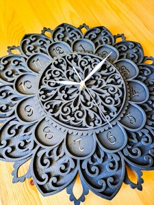 DEKORACYJNY,  DREWNIANY, AŻUROWY ZEGAR ŚCIENNY, MANDALA, WIELOWARSTWOWY, GLAMOUR, VINTAGE, SHABBY CHIC, CZARNY