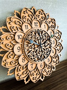 DEKORACYJNY,  DREWNIANY, AŻUROWY ZEGAR ŚCIENNY, MANDALA, WIELOWARSTWOWY, GLAMOUR, VINTAGE, SHABBY CHIC, BEJCA KASZTAN