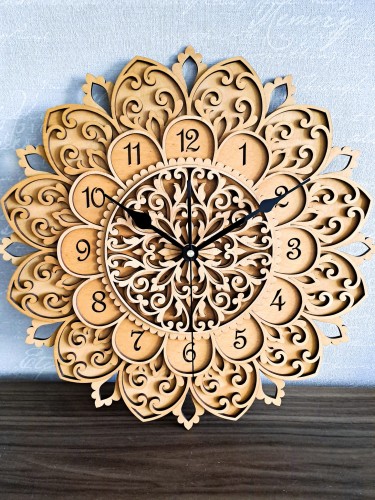 DEKORACYJNY,  DREWNIANY, AŻUROWY ZEGAR ŚCIENNY, MANDALA, WIELOWARSTWOWY, GLAMOUR, VINTAGE, SHABBY CHIC, BEJCA KASZTAN
