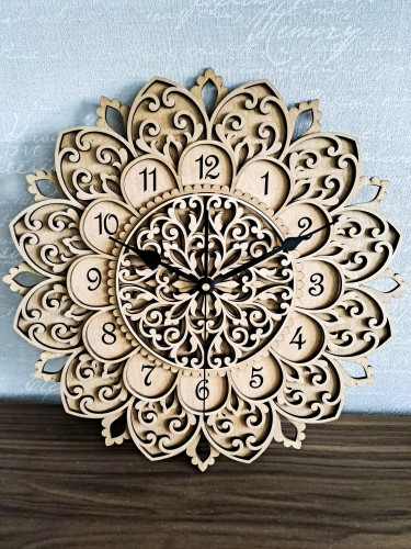 DEKORACYJNY,  DREWNIANY, AŻUROWY ZEGAR ŚCIENNY, MANDALA, WIELOWARSTWOWY, GLAMOUR, VINTAGE, SHABBY CHIC, BEJCA WIĄZ JAPOŃSKI