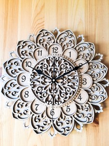 DEKORACYJNY,  DREWNIANY, AŻUROWY ZEGAR ŚCIENNY, MANDALA, WIELOWARSTWOWY, GLAMOUR, VINTAGE, SHABBY CHIC, BEJCA WIĄZ JAPOŃSKI