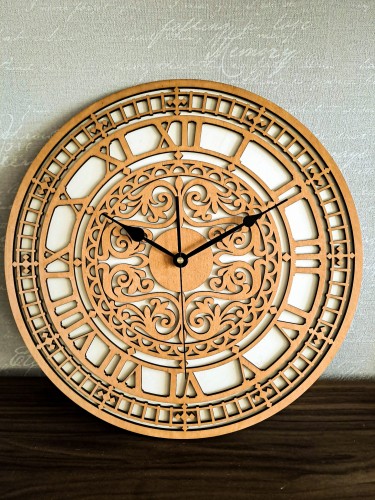 DEKORACYJNY,  DREWNIANY, AŻUROWY ZEGAR ŚCIENNY,  BIG BEN, VINTAGE, BEJCA KASZTAN 