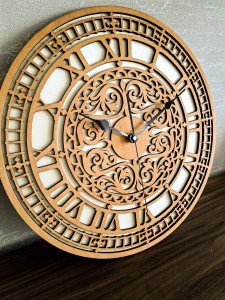 DEKORACYJNY,  DREWNIANY, AŻUROWY ZEGAR ŚCIENNY,  BIG BEN, VINTAGE, BEJCA KASZTAN 