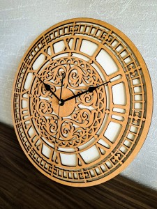 DEKORACYJNY,  DREWNIANY, AŻUROWY ZEGAR ŚCIENNY,  BIG BEN, VINTAGE, BEJCA KASZTAN 