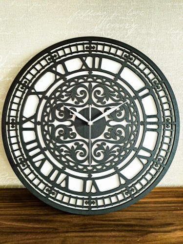 DEKORACYJNY,  DREWNIANY, AŻUROWY ZEGAR ŚCIENNY,  BIG BEN, VINTAGE, CZARNY