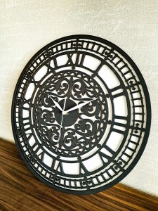 DEKORACYJNY,  DREWNIANY, AŻUROWY ZEGAR ŚCIENNY,  BIG BEN, VINTAGE, CZARNY