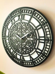 DEKORACYJNY,  DREWNIANY, AŻUROWY ZEGAR ŚCIENNY,  BIG BEN, VINTAGE, CZARNY