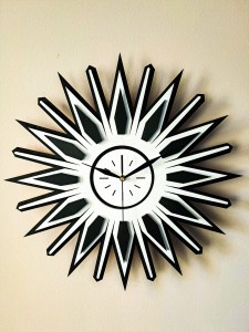 DEKORACYJNY,  DREWNIANY, AŻUROWY ZEGAR ŚCIENNY, RETRO, MID CENTURY MODERN, SUNBURST