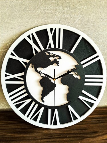 DEKORACYJNY,  DREWNIANY, AŻUROWY ZEGAR ŚCIENNY, MAPA ŚWIATA
