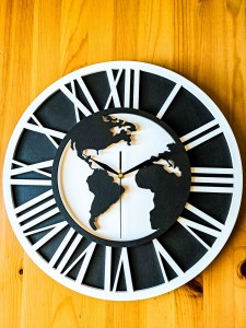 DEKORACYJNY,  DREWNIANY, AŻUROWY ZEGAR ŚCIENNY, MAPA ŚWIATA