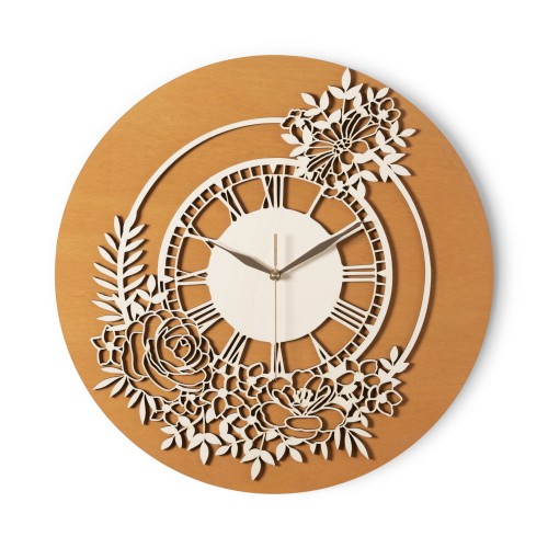 KWIATOWY, DREWNIANY ZEGAR AŻUROWY, VINTAGE, PIĘKNA DEKORACJA ŚCIANY, BEJCA BUK