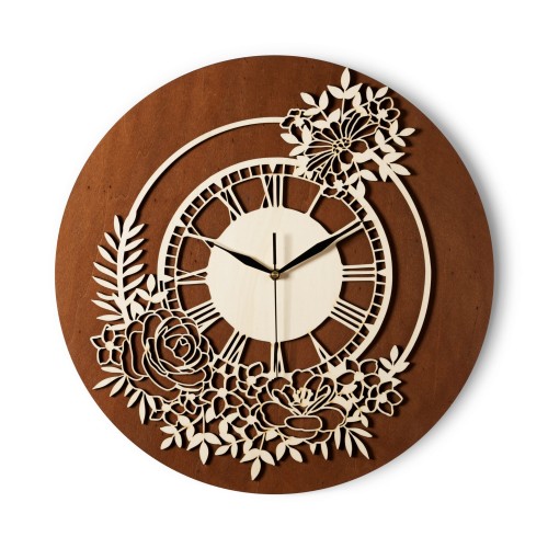 KWIATOWY, DREWNIANY ZEGAR AŻUROWY, VINTAGE, PIĘKNA DEKORACJA ŚCIANY, BEJCA CZEREŚNIA 