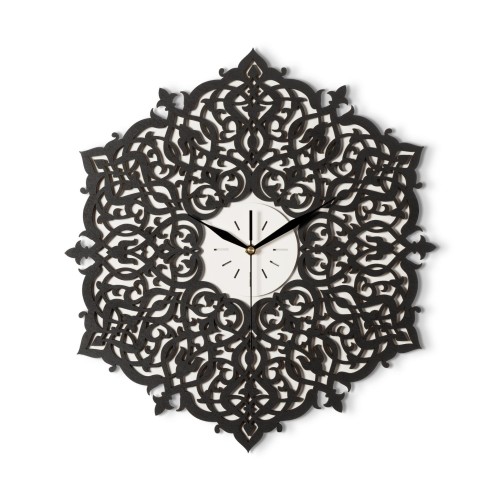 DEKORACYJNY,  DREWNIANY, AŻUROWY ZEGAR ŚCIENNY, ORNAMENT MAROKAŃSKI, CZARNY