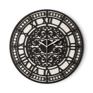 DEKORACYJNY,  DREWNIANY, AŻUROWY ZEGAR ŚCIENNY,  BIG BEN, VINTAGE, CZARNY