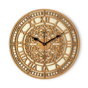 DEKORACYJNY,  DREWNIANY, AŻUROWY ZEGAR ŚCIENNY,  BIG BEN, VINTAGE, BEJCA KASZTAN 