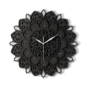 DEKORACYJNY,  DREWNIANY, AŻUROWY ZEGAR ŚCIENNY, MANDALA, WIELOWARSTWOWY, GLAMOUR, VINTAGE, SHABBY CHIC, CZARNY