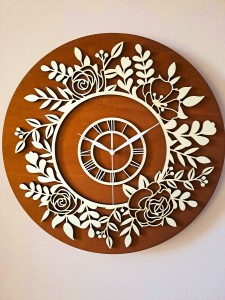 PIĘKNY, KWIATOWY ZEGAR AŻUROWY, VINTAGE,  DEKORACJA ŚCIANY, BEJCA CZEREŚNIA  