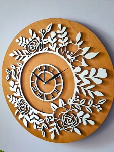 PIĘKNY, KWIATOWY ZEGAR AŻUROWY, VINTAGE,  DEKORACJA ŚCIANY, BEJCA BUK