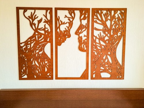 DEKORACYJNY TRYPTYK AŻUROWY, DRZEWO ŻYCIA, PARA, DEKORACJA ŚCIENNA 3D, ORNAMENT, BEJCA