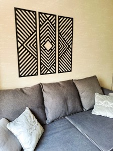 DEKORACYJNY TRYPTYK GEOMETRYCZNY,  DEKORACJA ŚCIENNA 3D, ORNAMENT, ZESTAW 3 PANELI, CZARNY