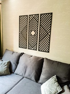 DEKORACYJNY TRYPTYK GEOMETRYCZNY,  DEKORACJA ŚCIENNA 3D, ORNAMENT, ZESTAW 3 PANELI, CZARNY