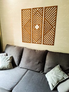DEKORACYJNY TRYPTYK GEOMETRYCZNY,  DEKORACJA ŚCIENNA 3D, ORNAMENT, ZESTAW 3 PANELI, BEJCA