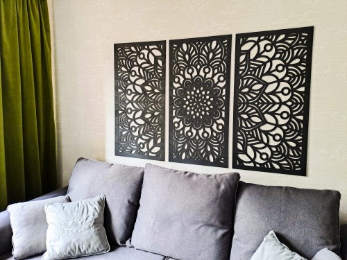 MANDALA, ZESTAW 3 PANELI, PIĘKNA DEKORACJA ŚCIENNA BOHO 3D, GLAMOUR , CZARNY