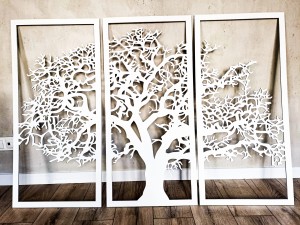 DEKORACYJNY TRYPTYK AŻUROWY, DRZEWO ŻYCIA, DEKORACJA ŚCIENNA 3D, ORNAMENT,  BIAŁY