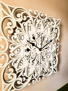 DEKORACYJNY,  DREWNIANY, AŻUROWY ZEGAR ŚCIENNY, MANDALA, WIELOWARSTWOWY, GLAMOUR, VINTAGE, SHABBY CHIC, KWADRAT,BIAŁY