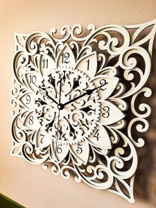 DEKORACYJNY,  DREWNIANY, AŻUROWY ZEGAR ŚCIENNY, MANDALA, WIELOWARSTWOWY, GLAMOUR, VINTAGE, SHABBY CHIC, KWADRAT,BIAŁY