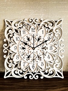DEKORACYJNY,  DREWNIANY, AŻUROWY ZEGAR ŚCIENNY, MANDALA, WIELOWARSTWOWY, GLAMOUR, VINTAGE, SHABBY CHIC, KWADRAT,BIAŁY
