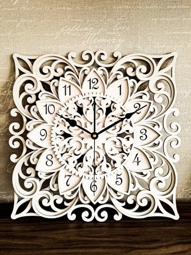 DEKORACYJNY,  DREWNIANY, AŻUROWY ZEGAR ŚCIENNY, MANDALA, WIELOWARSTWOWY, GLAMOUR, VINTAGE, SHABBY CHIC, KWADRAT,BIAŁY