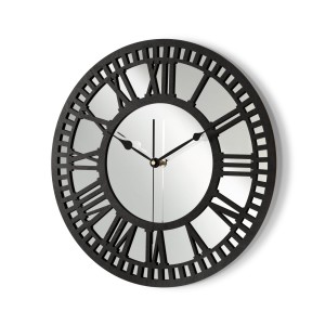 HORLOGE MIROIR AJOURÉE, DÉCORATIVE, ARGENT, CHIFFRES ROMAINS, FAIT MAIN, NOIR
