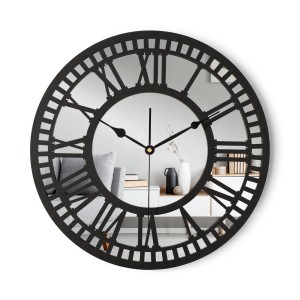 HORLOGE MIROIR AJOURÉE, DÉCORATIVE, ARGENT, CHIFFRES ROMAINS, FAIT MAIN, NOIR