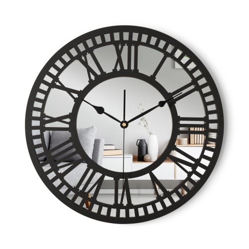 HORLOGE MIROIR AJOURÉE, DÉCORATIVE, ARGENT, CHIFFRES ROMAINS, FAIT MAIN, NOIR