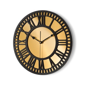 HORLOGE MIROIR DÉCORATIF AJOURÉ, OR, CHIFFRES ROMAINS, FAIT MAIN, NOIR