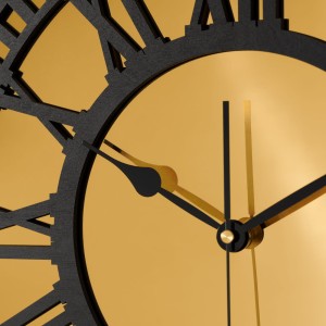 HORLOGE MIROIR DÉCORATIF AJOURÉ, OR, CHIFFRES ROMAINS, FAIT MAIN, NOIR