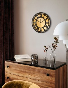 HORLOGE MIROIR DÉCORATIF AJOURÉ, OR, CHIFFRES ROMAINS, FAIT MAIN, NOIR
